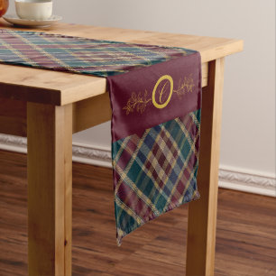 Elegant Gold Monogram Plaid - Cranberry Blue Teal  Long Table Runner