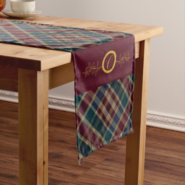 Elegant Gold Monogram Plaid - Cranberry Blue Teal  Long Table Runner (In Situ)