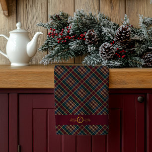 Elegant Gold Monogram Plaid - Cranberry Blue Teal  Tea Towel