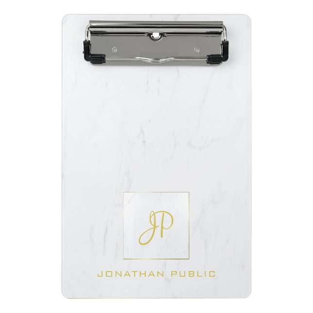 Elegant Gold Monogram Professional White Marble Mini Clipboard (Front)