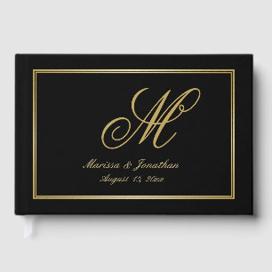 Elegant Gold Monogram Script Black Wedding Guest Book