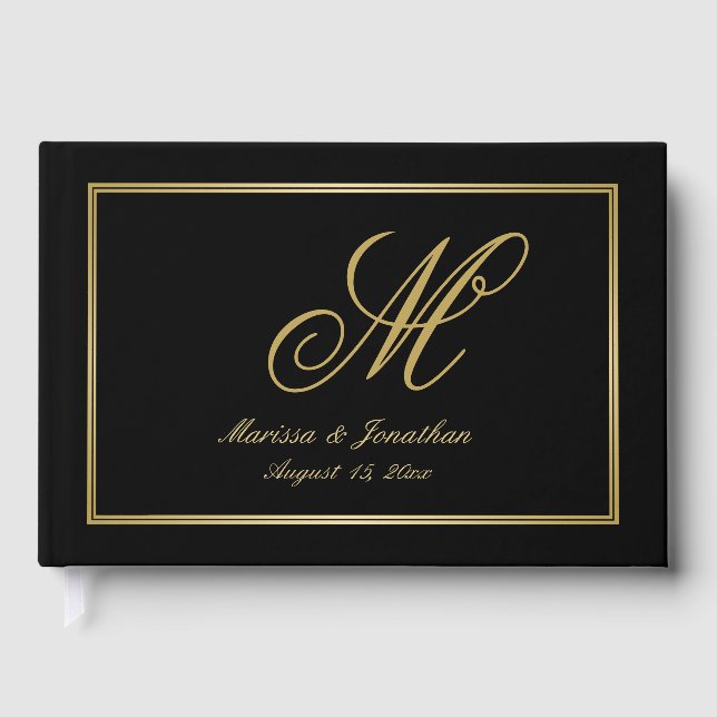 Elegant Gold Monogram Script Black Wedding  Guest Book (Front)