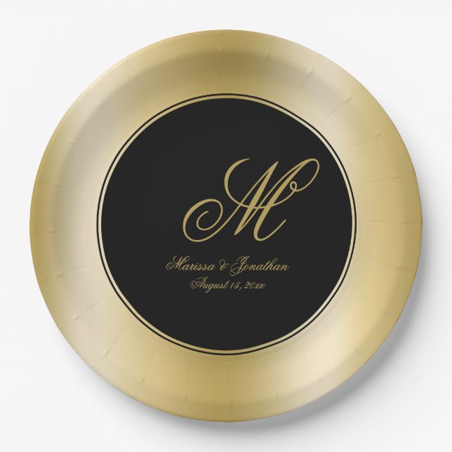 Elegant Gold Monogram Script Black Wedding Paper Plate (Front)
