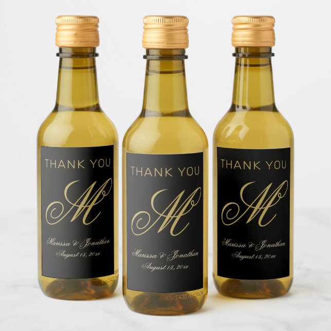 Elegant Gold Monogram Script Black Wedding Wine Label (Bottles)