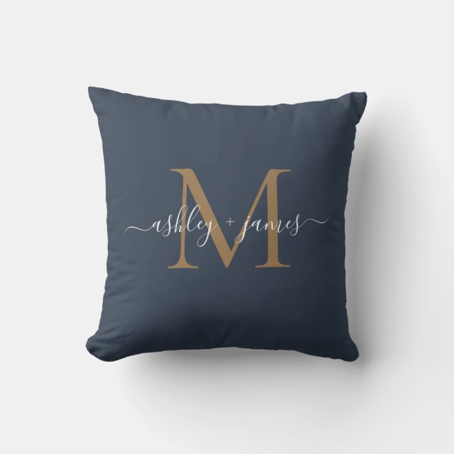 Elegant Gold Monogram Script Names Wedding Blue Cushion (Front)