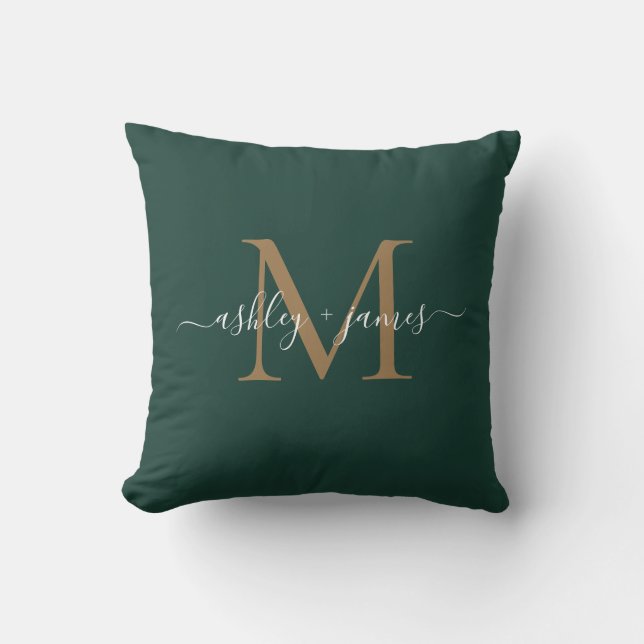 Elegant Gold Monogram Script Names Wedding Green Cushion (Front)