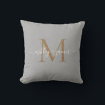 Elegant Gold Monogram Script Names Wedding Grey Cushion<br><div class="desc">Chic monogrammed keepsake pillow with your names and monogram in white elegant handwritten script calligraphy and gold modern typography on a grey background. Simply add your names and monogram. Exclusively designed for you by Happy Dolphin Studio. If you need any help or matching products, please contact us at happydolphinstudio@outlook.com. We're...</div>