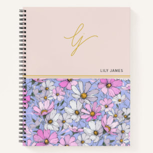 Elegant Gold Monogram Script Pink Blue Flowers  Notebook