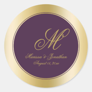 Elegant Gold Monogram Script Plum Purple Wedding Classic Round Sticker