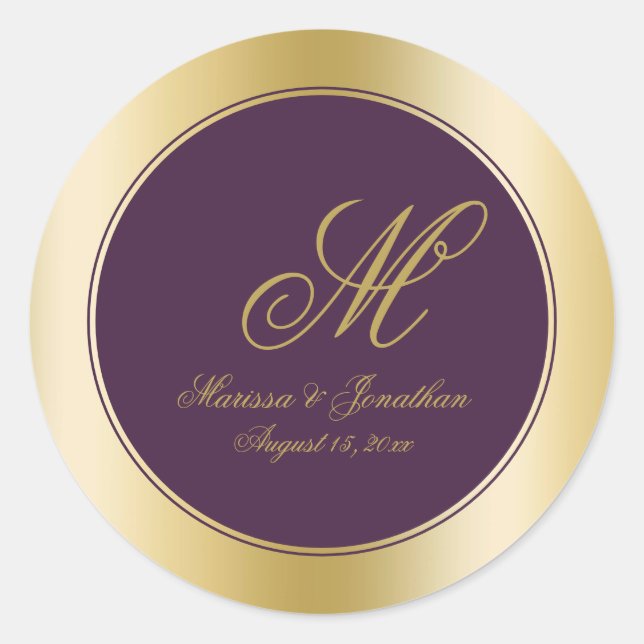 Elegant Gold Monogram Script Plum Purple Wedding Classic Round Sticker (Front)