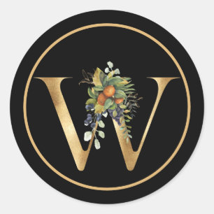 ELEGANT Gold MONOGRAM W with FRUIT AND FLOWERS Classic Round Sticker
