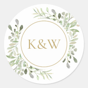 Elegant Gold Monogram Watercolor Greenery Wedding Classic Round Sticker