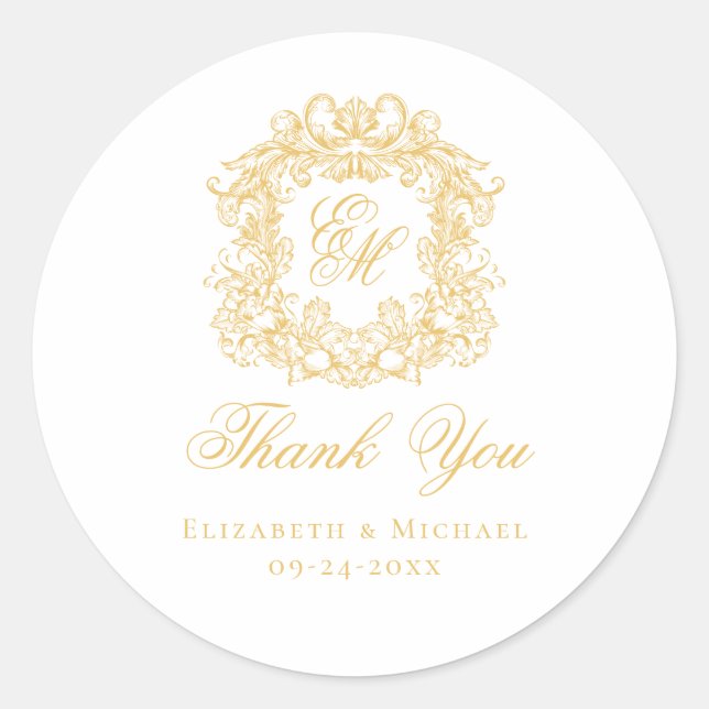 Elegant Gold Monogram Wedding Crest Thank You Classic Round Sticker (Front)