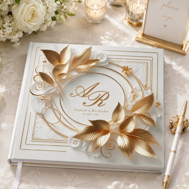 Elegant Gold Monogram Wedding Guest Book (elegant opulent ivory gold foliage wedding guestbook with custom monogram names and wedding date)
