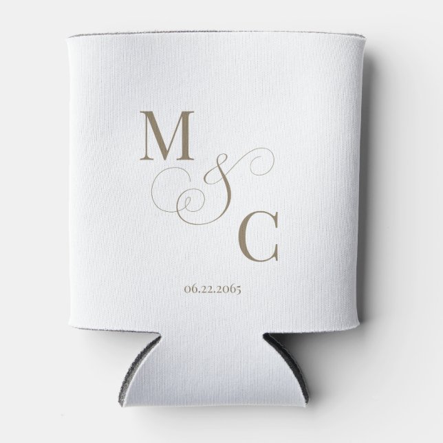 Elegant Gold Monogram White Wedding Can Cooler (Front)