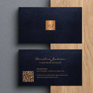 Elegant gold monogrammed modern QR code navy Business Card