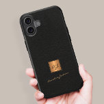 Elegant gold monogrammed script name black leather iPhone 16 case<br><div class="desc">Trendy luxury exclusive looking monogrammed iPhone case featuring a faux gold square over a stylish classy black leather looking (PRINTED,  NOT REAL LEATHER TEXTURE) background.             Personalise it with your white script signature name and monogram name initials.</div>