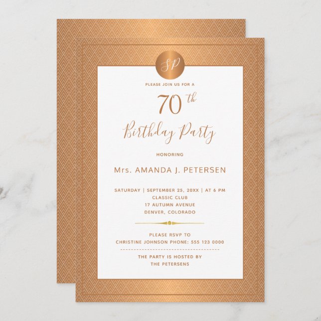 Elegant Gold Monogrammed Seventy Birthday Party Invitation (Front/Back)