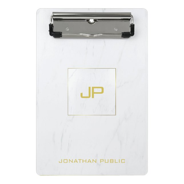 Elegant Gold Monogrammed White Marble Modern Trend Mini Clipboard (Front)