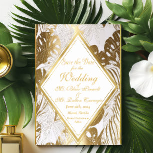 Elegant Gold Monstera Wedding Save The Date Card