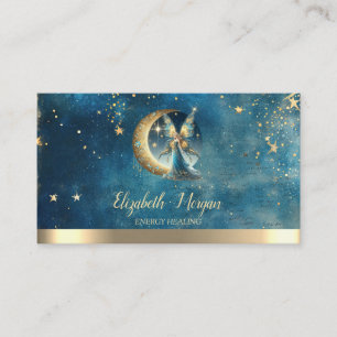 Elegant Gold Moon Fairy Stars Blue Watercolor Business Card