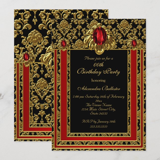 Elegant Gold Moroccan Style Red Gem Birthday Party Invitation (Front/Back)
