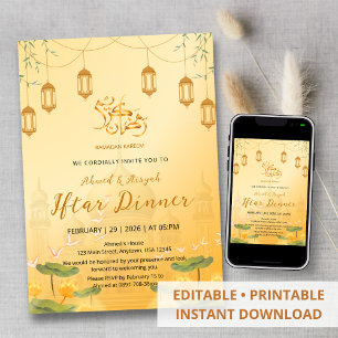 Elegant Gold Mosque & Lotus Ramadan Iftar Dinner Invitation