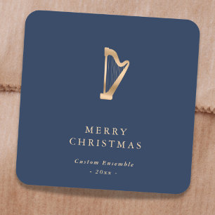 Elegant Gold Music Harp Christmas Blue Square Sticker