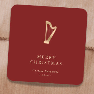 Elegant Gold Music Harp Christmas Red Square Sticker
