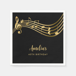 Elegant Gold Music Notes 40th Birthday Black Napkin