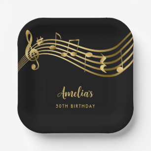 Elegant Gold Music Notes 50th Birthday Black Paper Plate