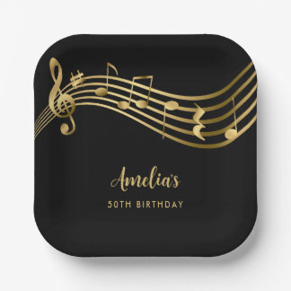 Elegant Gold Music Notes 50th Birthday Black Paper Plate
