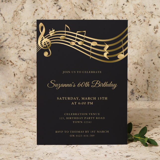 Elegant Gold Music Notes Modern 60th Birthday Invitation (Creator Uploaded)