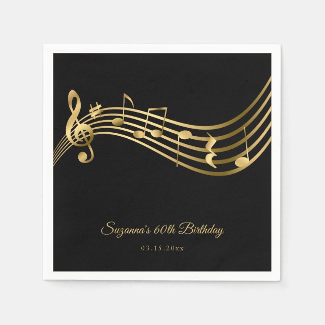 Elegant Gold Music Notes Modern 60th Birthday Napkin (Front)