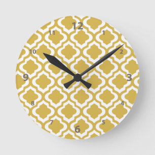 Elegant Gold Mustard Moroccan Quatrefoil Clover Round Clock