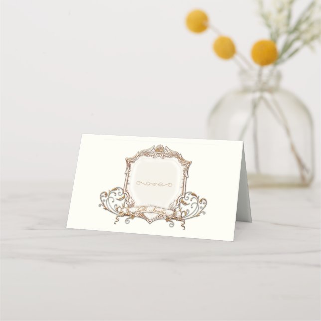 Elegant Gold n Ivory Scrolls Shield Wedding Table Place Card (Front)