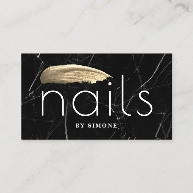 Elegant gold nail polish stroke black marble business card (Front)