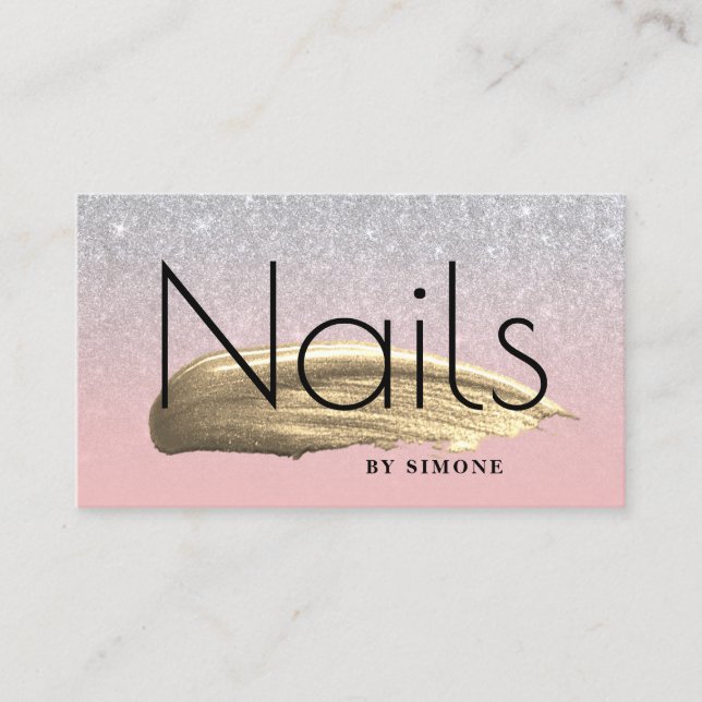 Elegant gold nail polish stroke silver glitter business card (Front)