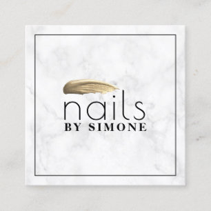 Elegant gold nail polish stroke white marble square business card