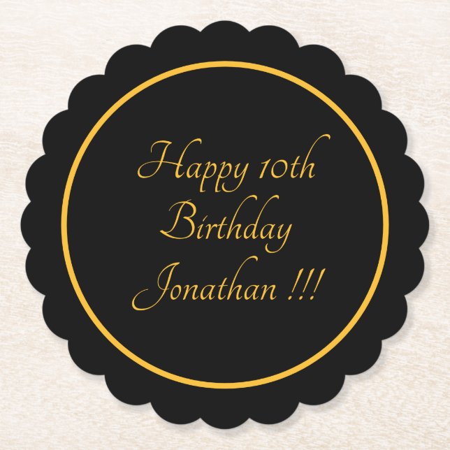 Elegant Gold Name Happy Birthday Scalloped Round Paper Coaster (Front)