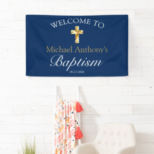 Elegant Gold Navy Baby Baptism Welcome Banner