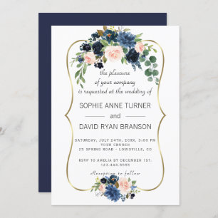Elegant Gold Navy Blue Blush Flowers Bloom Wedding Invitation