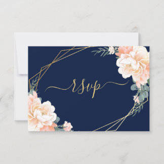 Elegant Gold Navy Blue Blush Peach Floral Wedding RSVP Card