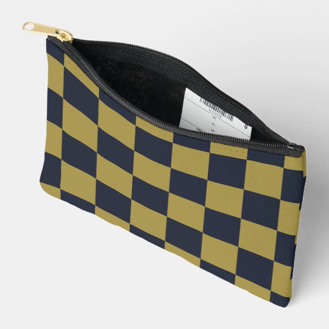 Elegant Gold & Navy Blue Chequered Pattern Accessory Pouch (Open)