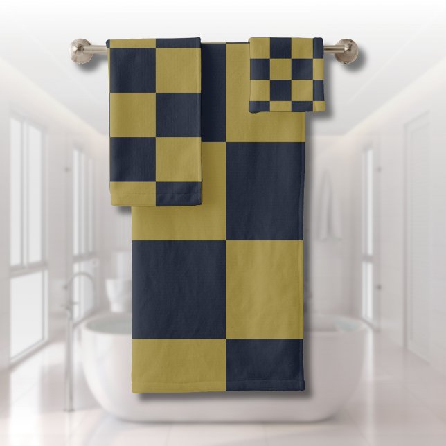 Elegant Gold & Navy Blue Chequered Pattern Bath Towel Set (Creator Uploaded)