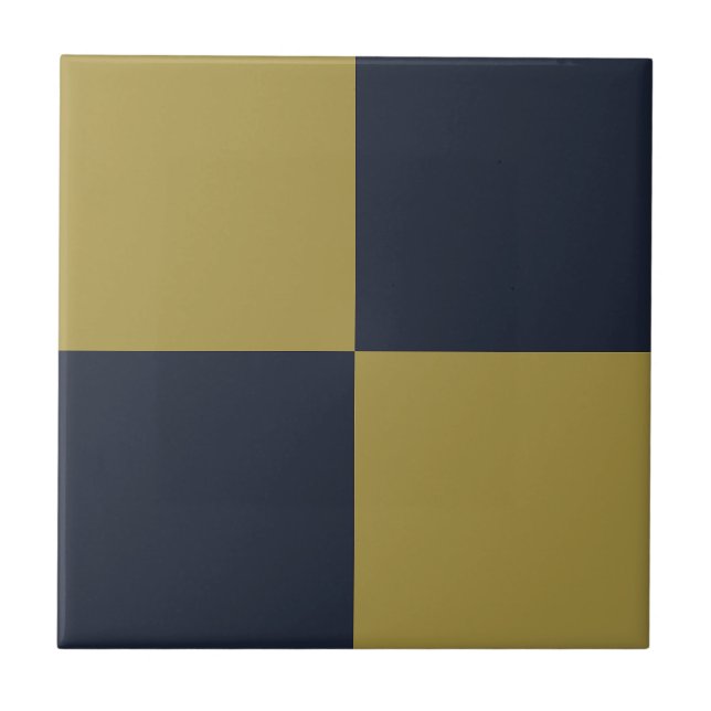 Elegant Gold & Navy Blue Chequered Pattern Ceramic Tile (Front)