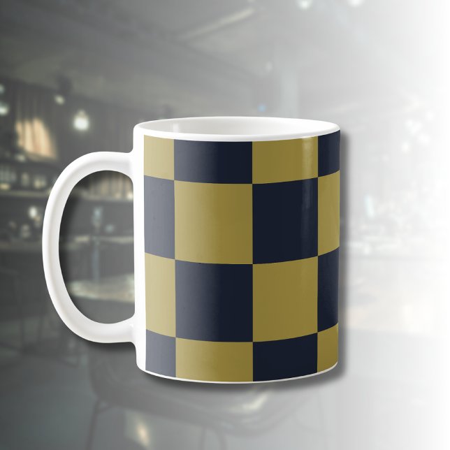 Elegant Gold & Navy Blue Chequered Pattern Coffee Mug (Creator Uploaded)