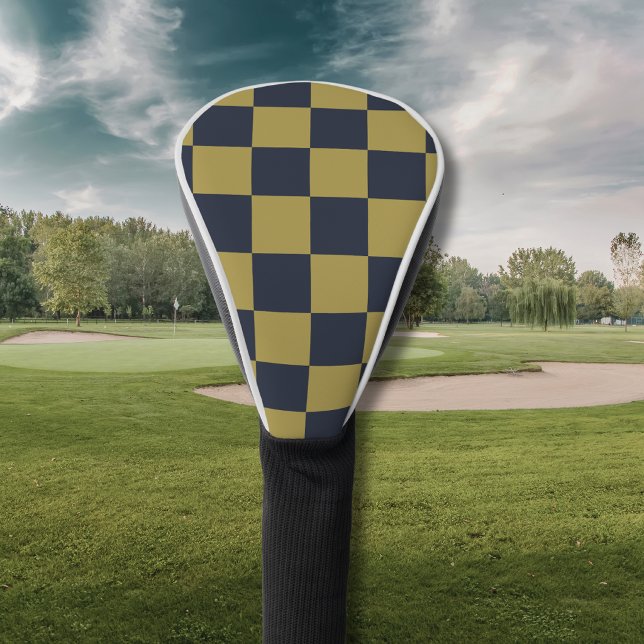 Elegant Gold & Navy Blue Chequered Pattern Golf Head Cover (Creator Uploaded)