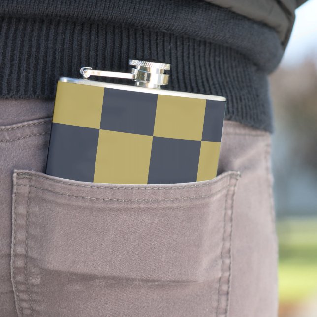 Elegant Gold & Navy Blue Chequered Pattern Hip Flask (In Situ)