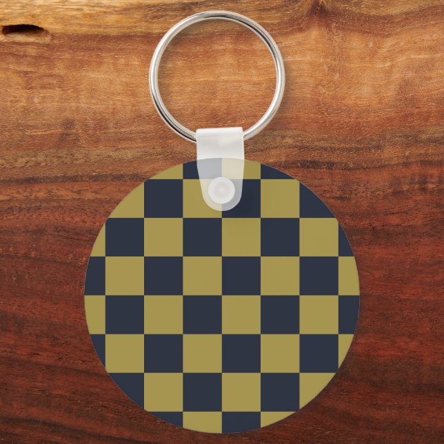 Elegant Gold & Navy Blue Chequered Pattern Key Ring (Back)